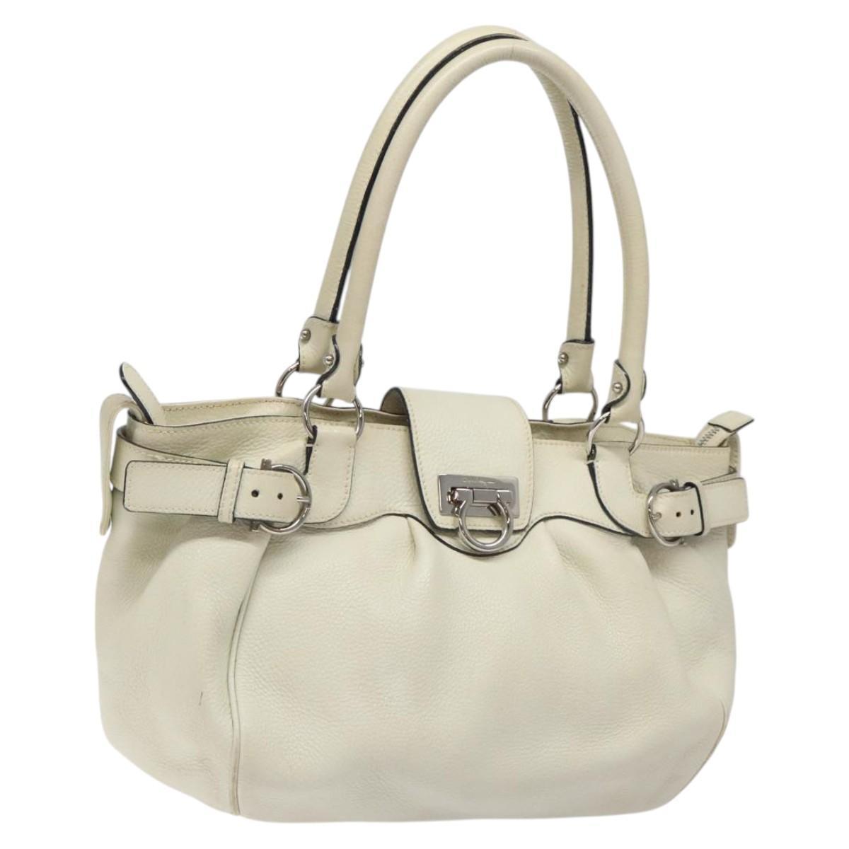 Salvatore Ferragamo Gancini Shoulder Bag Leather White Silver Auth Kd545